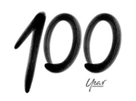 100 års jubileumsfirande vektormall, 100 år logotypdesign, 100-årsdag, svarta bokstäver siffror penselteckning handritad skiss, nummerlogotypdesign vektorillustration vektor