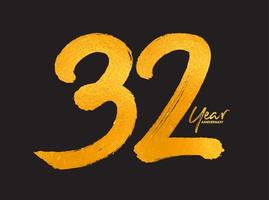 guld 32-årsjubileumsfirande vektormall, 32 års logotypdesign, 32-årsdag, guldbokstäver siffror penselteckning handritad skiss, nummerlogotypdesign vektorillustration vektor
