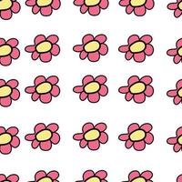 buntes, nahtloses Muster im geometrischen Stil mit kleinen Blumen. grooviger und lustiger Vektordruck mit lächelnden Gesichtern in Kamillenblüten, Cartoon-Stil. Retro- und Hippie-Ästhetik, Liebe und Frieden vektor