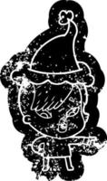 Cartoon verzweifelte Ikone eines überraschten Mädchens, das mit Weihnachtsmütze zeigt vektor