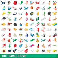 100 Reisesymbole gesetzt, isometrischer 3D-Stil vektor