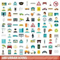 100 urbane Symbole gesetzt, flacher Stil vektor