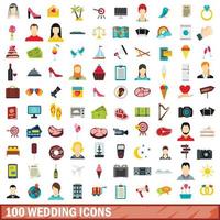 100 bröllop ikoner set, platt stil vektor