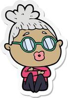 Aufkleber einer sitzenden Cartoon-Frau mit Brille vektor