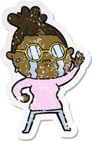 Distressed-Sticker einer weinenden Cartoon-Frau mit Brille vektor