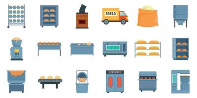 Bäckerei Fabrik Icons Set, flacher Stil vektor