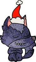 freundlicher, strukturierter Cartoon eines Wolfs, der mit Weihnachtsmütze sitzt vektor