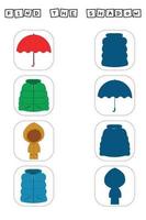 Finden Sie den richtigen Schatten mit Regenschirm, Mantel, Regenmantel, Weste. Lernspiel für Kinder. vektor