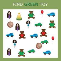 Suche grünes Spielzeug. vorschularbeitsblatt, arbeitsblatt für kinder, druckbares arbeitsblatt vektor