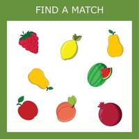 Finden Sie ein Paar zwischen Früchten. vorschularbeitsblatt, arbeitsblatt für kinder, druckbares arbeitsblatt vektor