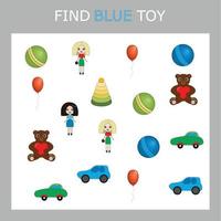 Blaues Spielzeug finden. vorschularbeitsblatt, arbeitsblatt für kinder, druckbares arbeitsblatt vektor