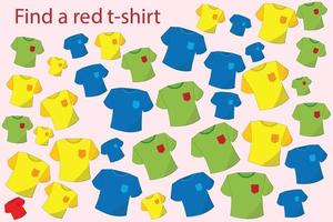 Finde das rote T-Shirt unter den anderen. vorschularbeitsblatt, arbeitsblatt für kinder, druckbares arbeitsblatt vektor