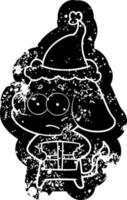 Cartoon verzweifelte Ikone eines unsicheren Elefanten mit Weihnachtsgeschenk mit Weihnachtsmütze vektor