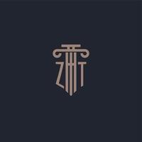 zt initialt logotypmonogram med pelare stil design för advokatbyrå och rättvisa företag vektor