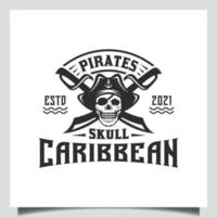 Vintager Hipster-Piratenschädel mit sich kreuzenden Schwertern und Bootsschiff-Segler-Emblem-Logo-Design vektor