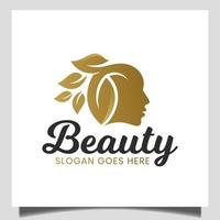 elegant skönhet kvinna ansikte med natur blad för kosmetika, hudvård, natur skönhet produkt logotyp vektor
