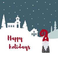 frohe weihnachtskarte mit süßem skandinavischen gnom, rustikaler landschaft und text frohe feiertage. tomte gnome illustration. Frohes neues Jahr-Vektor-Design-Vorlage. vektor
