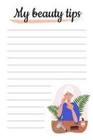 Self-Care-To-Do-Liste mit täglichen Schönheitsbehandlungen. trendiger minimalistischer planer mit moderner vektorflachillustration des mädchens. morgendlicher Alltag. vektor