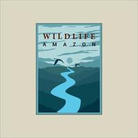 amazon river med fågel affisch vintage minimalistisk vektor illustration mall grafisk design. vilda djur utomhus skog med blå himmel banner för miljö koncept eller affärsresor