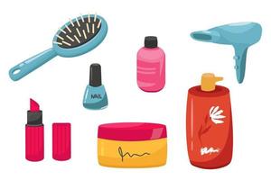 Reihe von Make-up-Produkten, Pinseln und Werkzeugen, die auf dem Hintergrund isoliert sind. Vektor-Illustration. vektorillustration, sahne, rasiermesser, fön, kamm, lippenstift, parfüm, lack, seife, shampoo. vektor