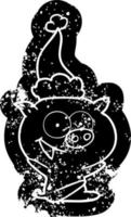 Fröhliche sitzende Schweinekarikatur beunruhigte Ikone einer tragenden Weihnachtsmütze vektor