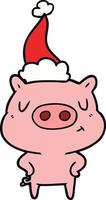 Strichzeichnung eines zufriedenen Schweins mit Weihnachtsmütze vektor