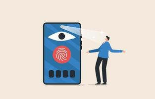 Internet-Sicherheit. Mobiles Sicherheitssystem Identifizieren Sie sich selbst, indem Sie Ihre Iris, Ihr Gesicht, Ihren Fingerabdruck und Ihr Entsperrcodesystem scannen. vektor