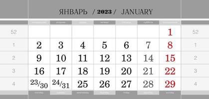 kalender kvartalsblock för 2022 år, januari 2023. väggkalender, engelska och ryska språket. veckan börjar från måndag. vektor