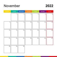 november 2022 färgglad väggkalender, veckan börjar på måndag. vektor