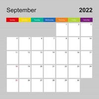 Kalenderblatt für September 2022, Wandplaner mit farbenfrohem Design. Woche beginnt am Sonntag. vektor