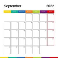september 2022 färgglad väggkalender, veckan börjar på måndag. vektor