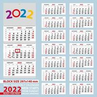 Wandkalender 2022, Wochenstart ab Sonntag. für A4-Größe. vektor