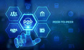 Peer-To-Peer. P2P-Zahlung und Online-Modell für Support oder Geldtransfer. Peer-to-Peer-Technologiekonzept auf virtuellem Bildschirm. Wireframe-Hand, die digitale Schnittstelle berührt. Vektor-Illustration.