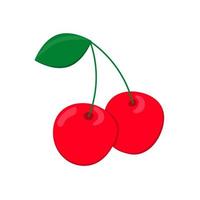 zwei rote Kirschen mit grünem Blatt. frisches Obst. flaches Design. vektor