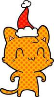 Comic-Stil-Illustration einer glücklichen Katze mit Weihnachtsmütze vektor