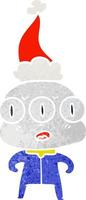 Retro-Karikatur eines dreiäugigen Aliens mit Weihnachtsmütze vektor
