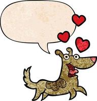 Cartoon-Hund und Liebesherzen und Sprechblase im Retro-Textur-Stil vektor