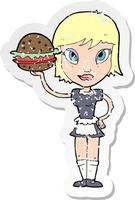 Retro-Distressed-Aufkleber einer Cartoon-Kellnerin mit Burger vektor