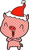 Fröhliche Illustration im Comic-Stil eines Schweins mit Weihnachtsmütze vektor