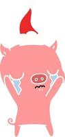 flache farbillustration eines weinenden schweins mit weihnachtsmütze vektor