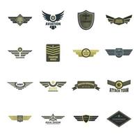 flygvapnet marinen militär logotyp ikoner set, platt stil vektor