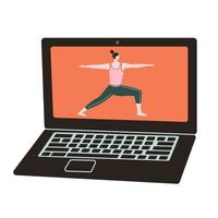Yoga-Online-Unterricht. Tutorial-Video auf einem Laptop. gesundes lebensstilkonzept. flacher Stil vektor