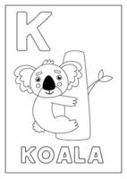 Englisches Alphabet lernen für Kinder. Buchstabe k. süßer koala auf baum. vektor