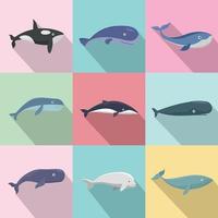 Whale Blue Tale Fish Icons Set, flacher Stil vektor