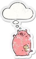 Cartoon Fettes Schwein und Gedankenblase als beunruhigter, abgenutzter Aufkleber vektor