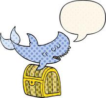 Cartoon-Hai schwimmt über Schatzkiste und Sprechblase im Comic-Stil vektor