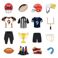 amerikansk fotboll utrustning ikoner som tecknad vektor. skolspelare vektor