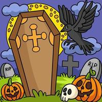 kråka på en kyrkogård halloween färgad tecknad serie vektor