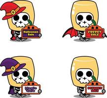Vektor Zeichentrickfigur Maskottchen Kostüm Knochen Tteokbokki Essen Holding Verkauf Halloween Board