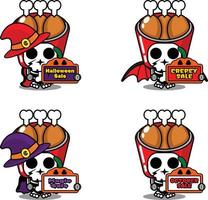 Vektor Zeichentrickfigur Maskottchen Kostüm Knochen gebratenes Hähnchen Essen halten Verkauf Halloween-Brett